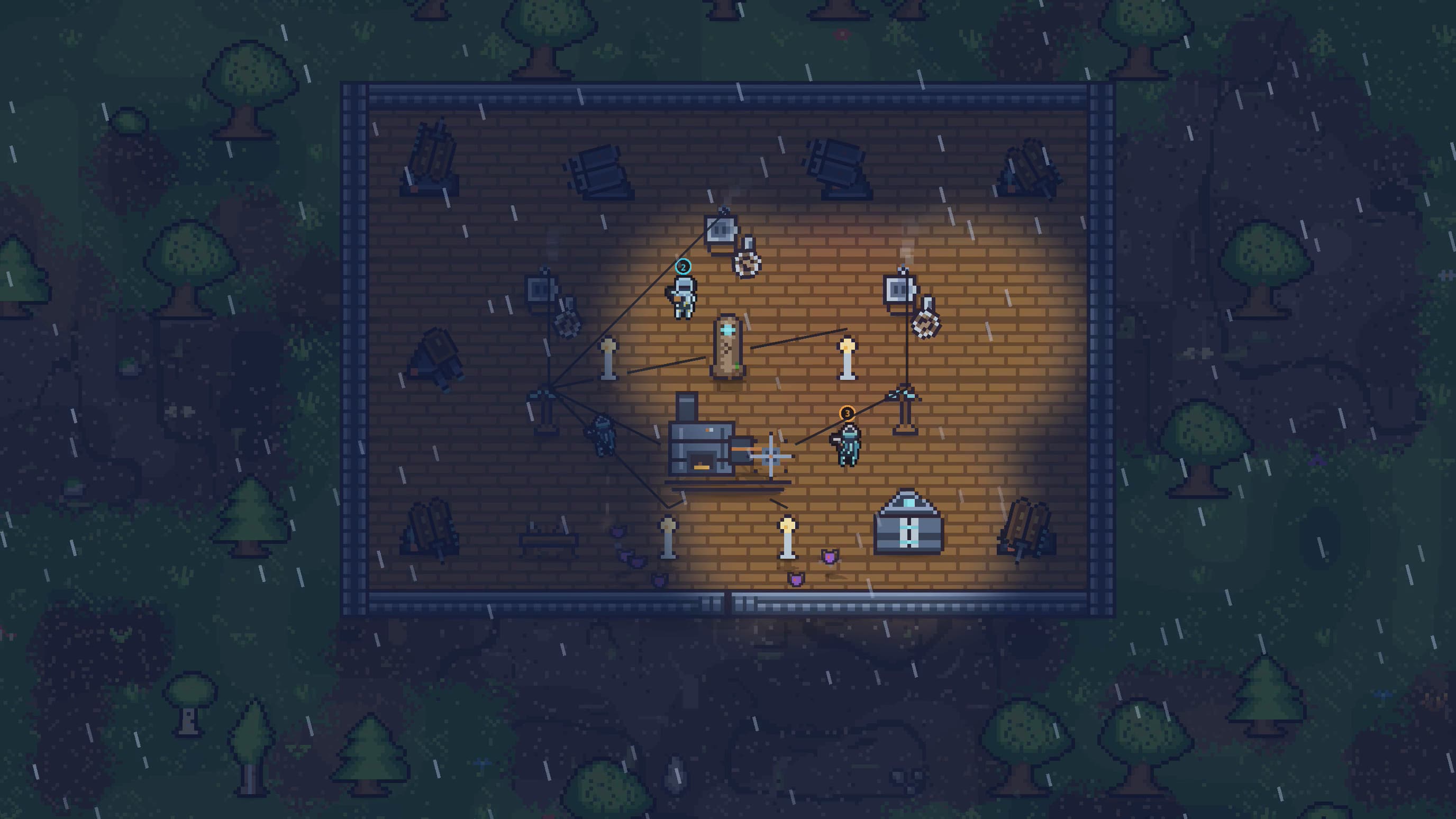 Three players defending one shared Wardflame world and base